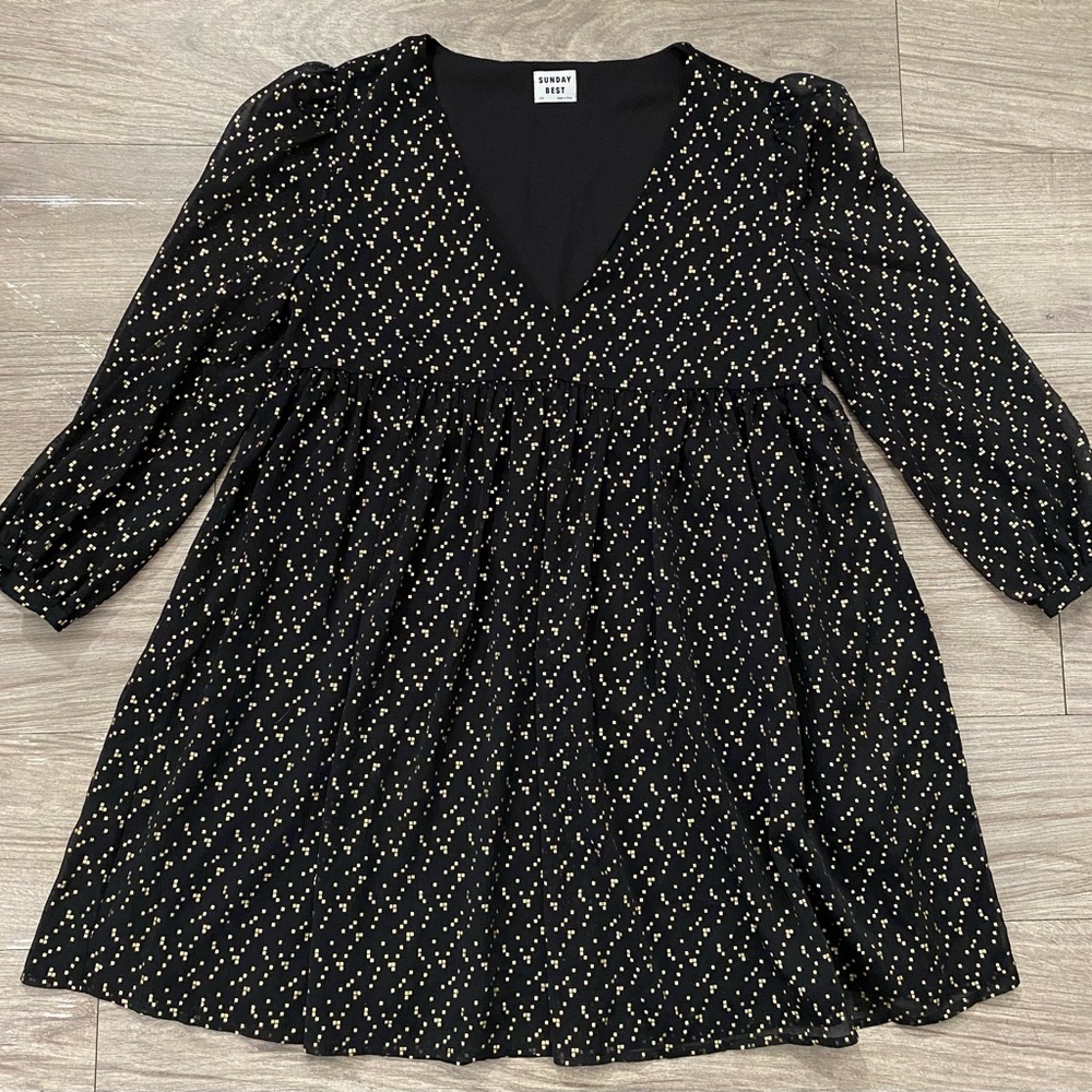 Sunday Best Black Mini Dress with Gold Dot Print